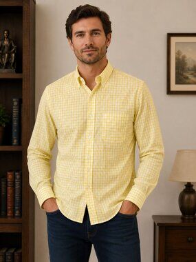 J. Peterman Men's Yellow Check Button-Down Dress Shirt - Size Medium